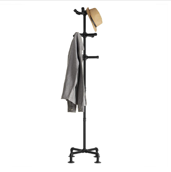 64 Inch Industrial Black Metal Freestanding Coat Rack with 2 Hooks Entryway Organizer for Hanging Coats Hat Handbags Scarves