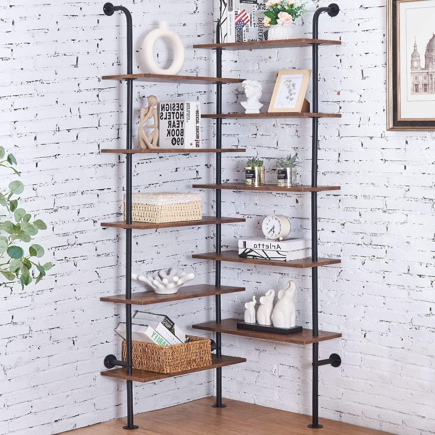 Bookshelf,10-Tier L Shaped, Industrial Wall Mount, Modern Bookcase with Metal Frame and Wood, Industrial Corner Pipe Shelf