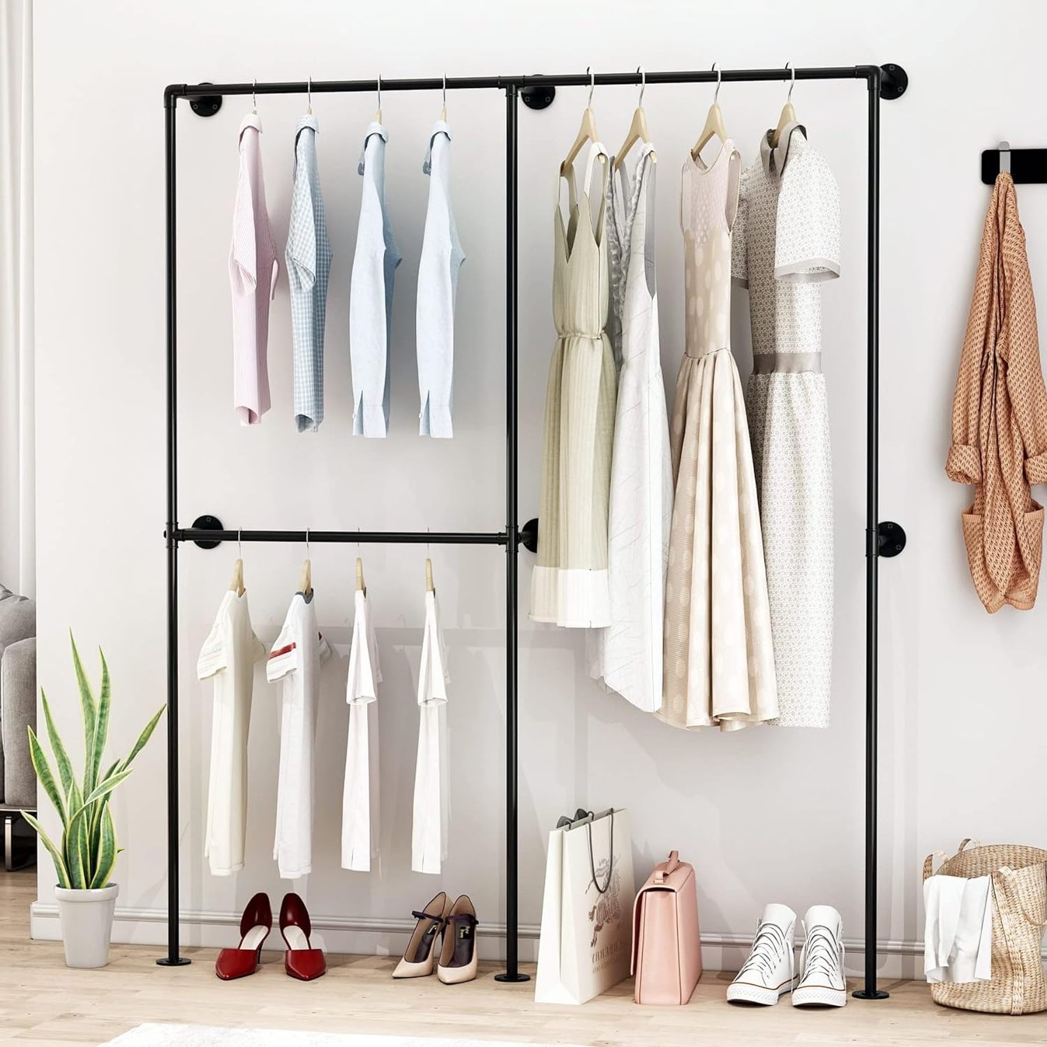 Industrial Pipe Clothing Racks with Double Bar Wall Mounted Closet Rods for Hanging Clothes Organizer Storage