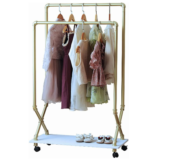 Industrial Modern Kids Rack Wardrobe Costume Organizer Center with 2 Hanging Rods Metal Storage Holders & Racks DIY Shelf