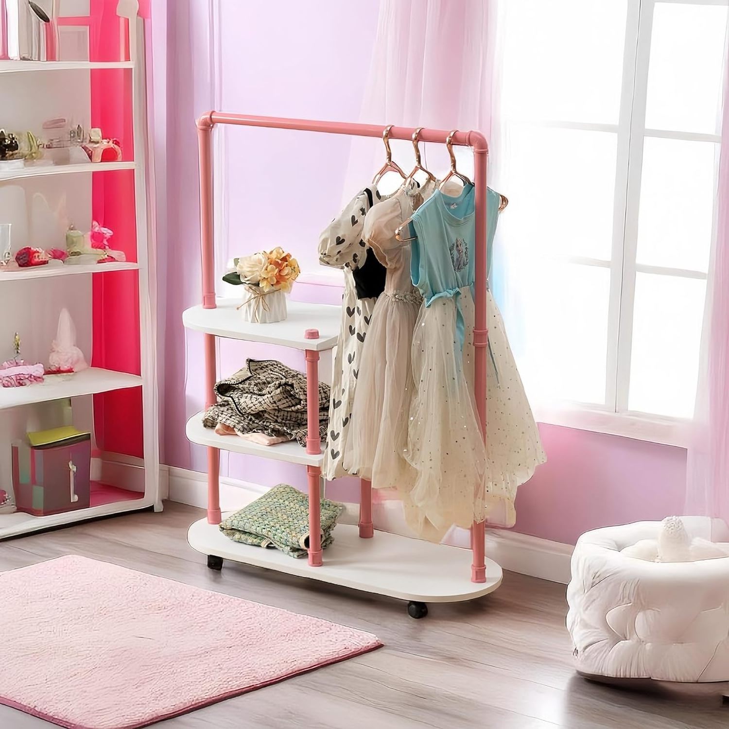 Kids Clothing Rack with Storage Shelves Small Open Wood Hanging Clothes Rack with Rolling Wheels for Small Spaces