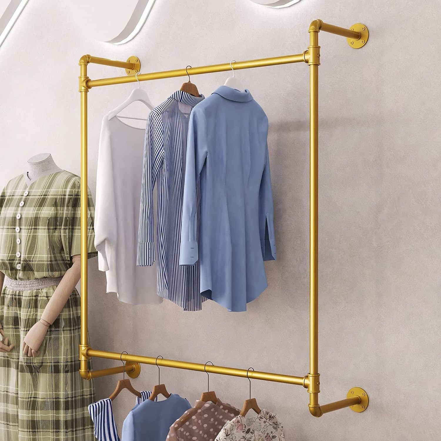 Metal Industrial Pipe Clothing Garment Rack Wall Mounted Heavy Duty Closet Storage Rod Vintage Commercial Clothes Gold Racks