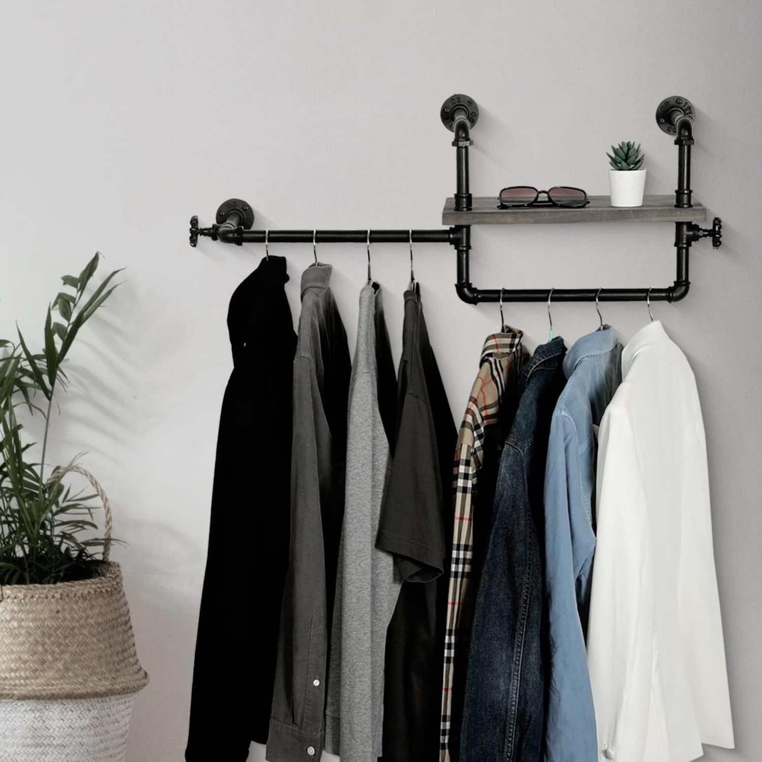 Industrial Garment Closet Hanging Organization System, Wall Mounted Black Metal Pipe Clothing Rod Rack with Wood Display Shelf