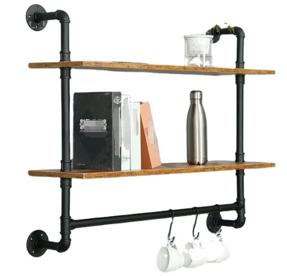 Industrial Iron Pipe Shelving with Towel bar, Rustic Metal Pipe Floating Shelves Wall Mounted with Hooks for  Kitchen