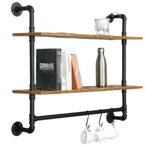 Industrial Iron Pipe Shelving with Towel bar, Rustic Metal Pipe Floating Shelves Wall Mounted with Hooks for  Kitchen