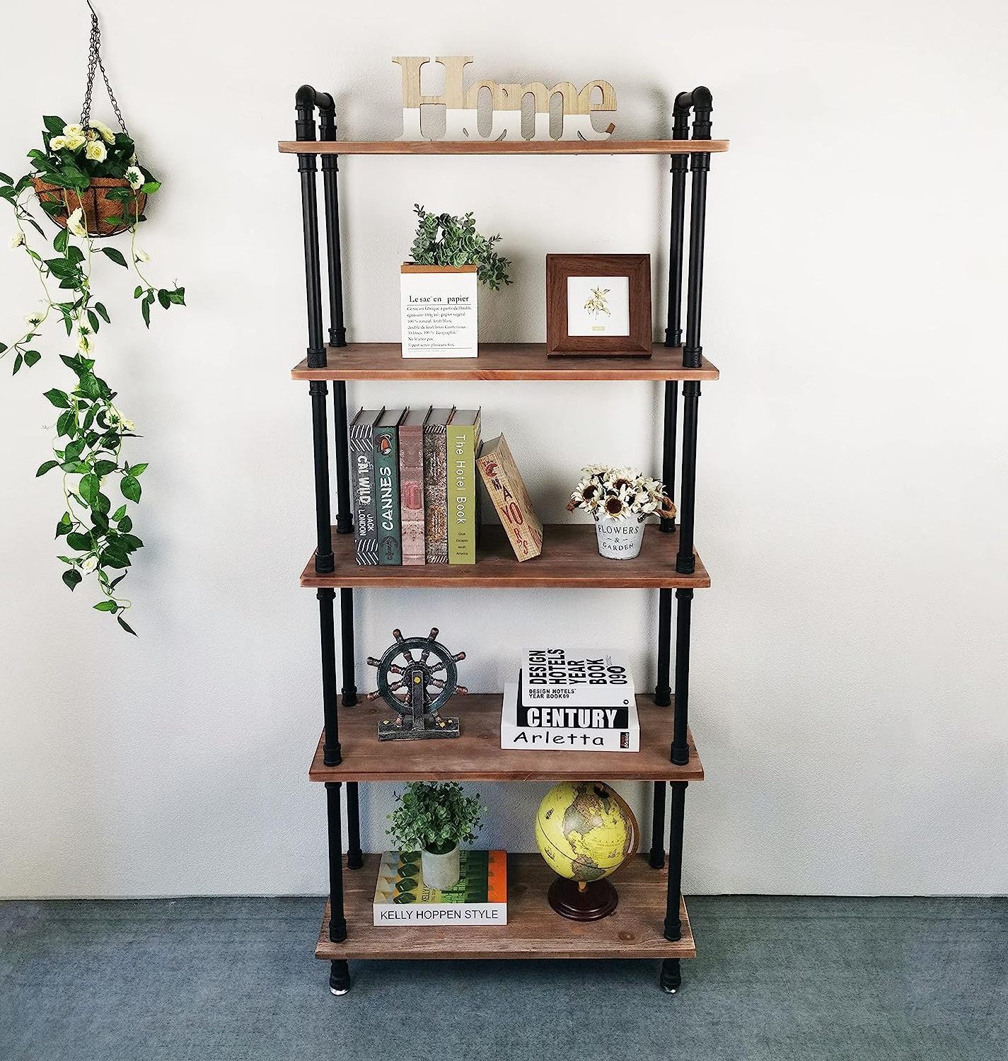 Industrial Bookshelves 5 Shelf Rustic Display Storage Tall Standing Shelf Bookcase for Living Room Kitchen Office