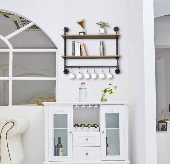 Industrial Iron Pipe Shelving with Towel bar, Rustic Metal Pipe Floating Shelves Wall Mounted with Hooks for  Kitchen