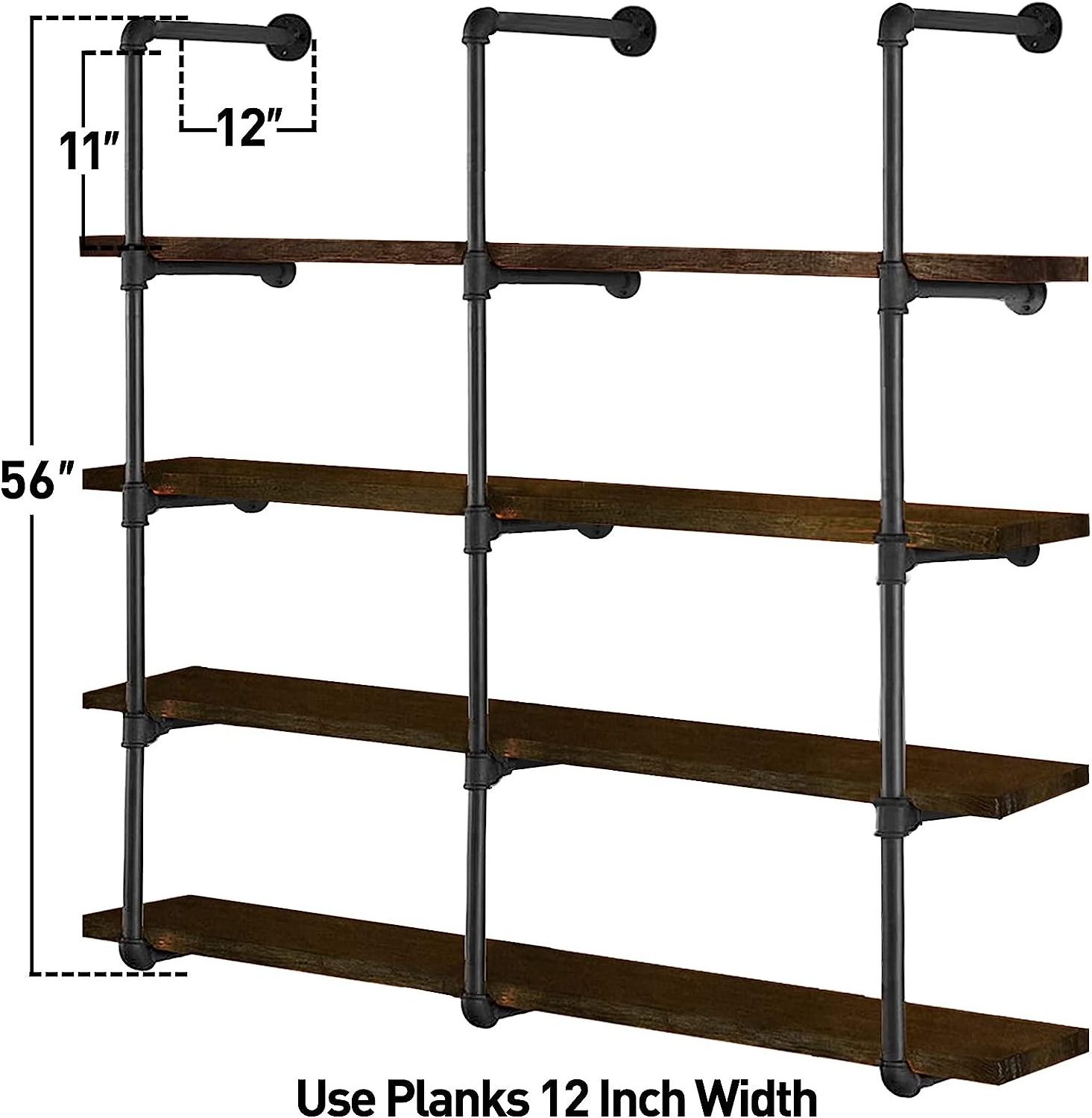 Industrial Iron Pipe Shelves Shelf Brackets Black Vintage Retro Shelving Wall Mounted DIY Open Bookshelf Rustic Farmhouse