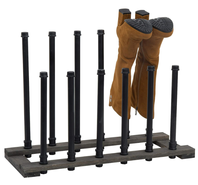 Industrial Black Metal Pipe Free Standing Boot Rack Stand with Rustic Gray Wood Base Entryway Boot Rack Organizer Tall Boots