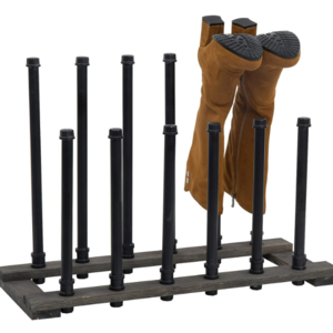 Industrial Black Metal Pipe Free Standing Boot Rack Stand with Rustic Gray Wood Base Entryway Boot Rack Organizer Tall Boots