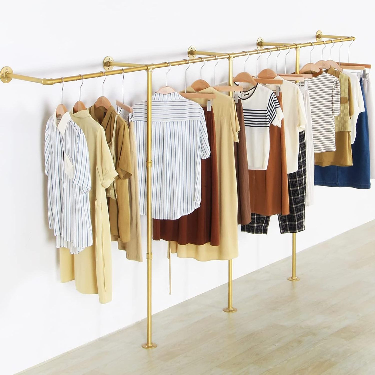 Gold pipe clothing rack for Hanging Clothes rack with 3 T-Bar Design Heavy Duty wall mounted industrial clothing rack