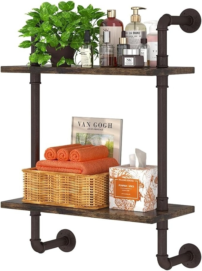 Industrial Pipe Floating Bathroom Shelves  Rustic Wood Wall Mounted Shelf Storage Rack Sundries Holder for Kitchen Office