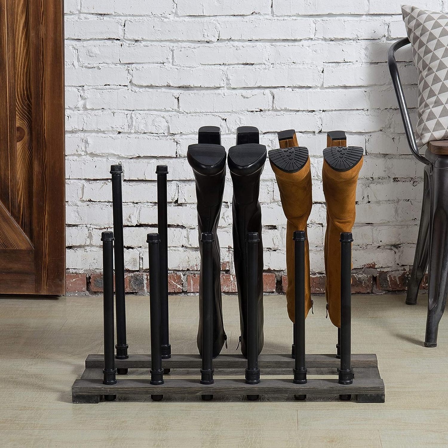 Industrial Black Metal Pipe Free Standing Boot Rack Stand with Rustic Gray Wood Base Entryway Boot Rack Organizer Tall Boots