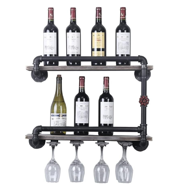 Vintage Wine Sets of Industrial Style gi Malleable Iron Pipe Fitting Placing Red White Wine Used on the Wall of Living Room