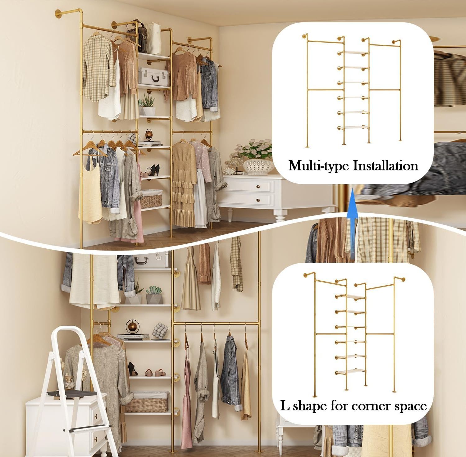 Industrial Pipe Clothes Rack  Wall Mounted Clothing Rack  for Walk-in Wardrobe Multi-Purpose Storage Clothes Hanging Shelf