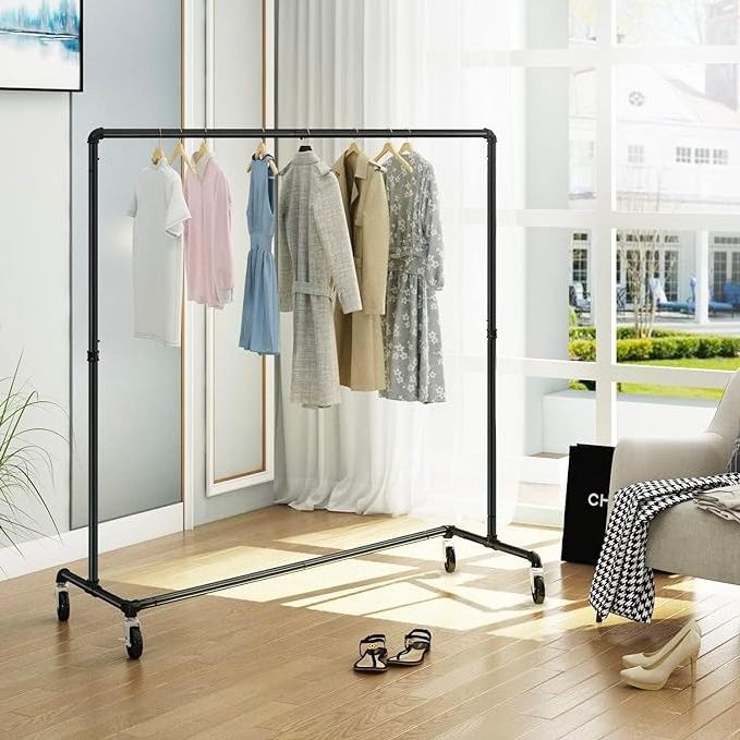 Industrial Pipe Clothing Rack on Wheels with Brakes, Commercial Grade Heavy Duty Sturdy Metal Rolling Clothing Coat Rack