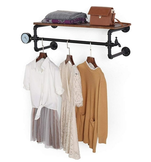 Wall Pipe Shelf with Towel Bar Rustic Decorative Wooden Floating Shelves with Hook for Kitchen Bathroom Bedroom