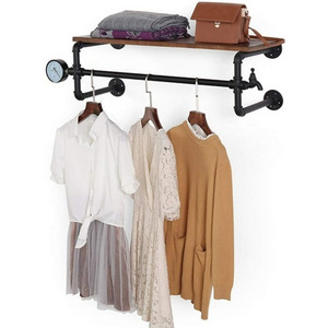 Wall Pipe Shelf with Towel Bar Rustic Decorative Wooden Floating Shelves with Hook for Kitchen Bathroom Bedroom