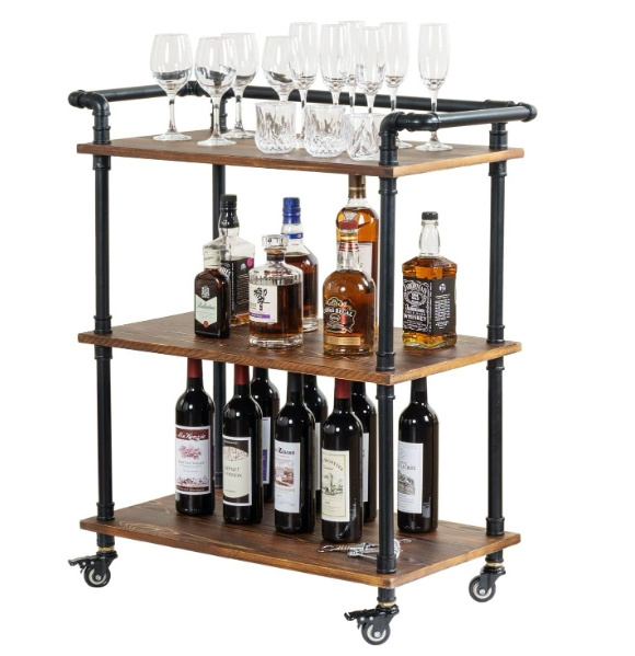 3 Tier Bar Cart Rustic Burnt Solid Wood and Industrial Matte Black Metal Pipe Wine Cart with 360-Degree Rolling Wheels