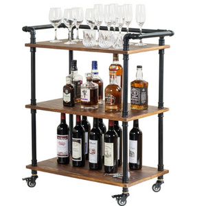 3 Tier Bar Cart Rustic Burnt Solid Wood and Industrial Matte Black Metal Pipe Wine Cart with 360-Degree Rolling Wheels