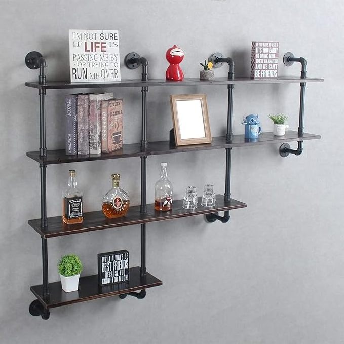 Industrial Pipe Shelving Rustic Wooden&Metal Floating Shelves Home Decor Shelves Wall Mount with Wine Rack Retro Black