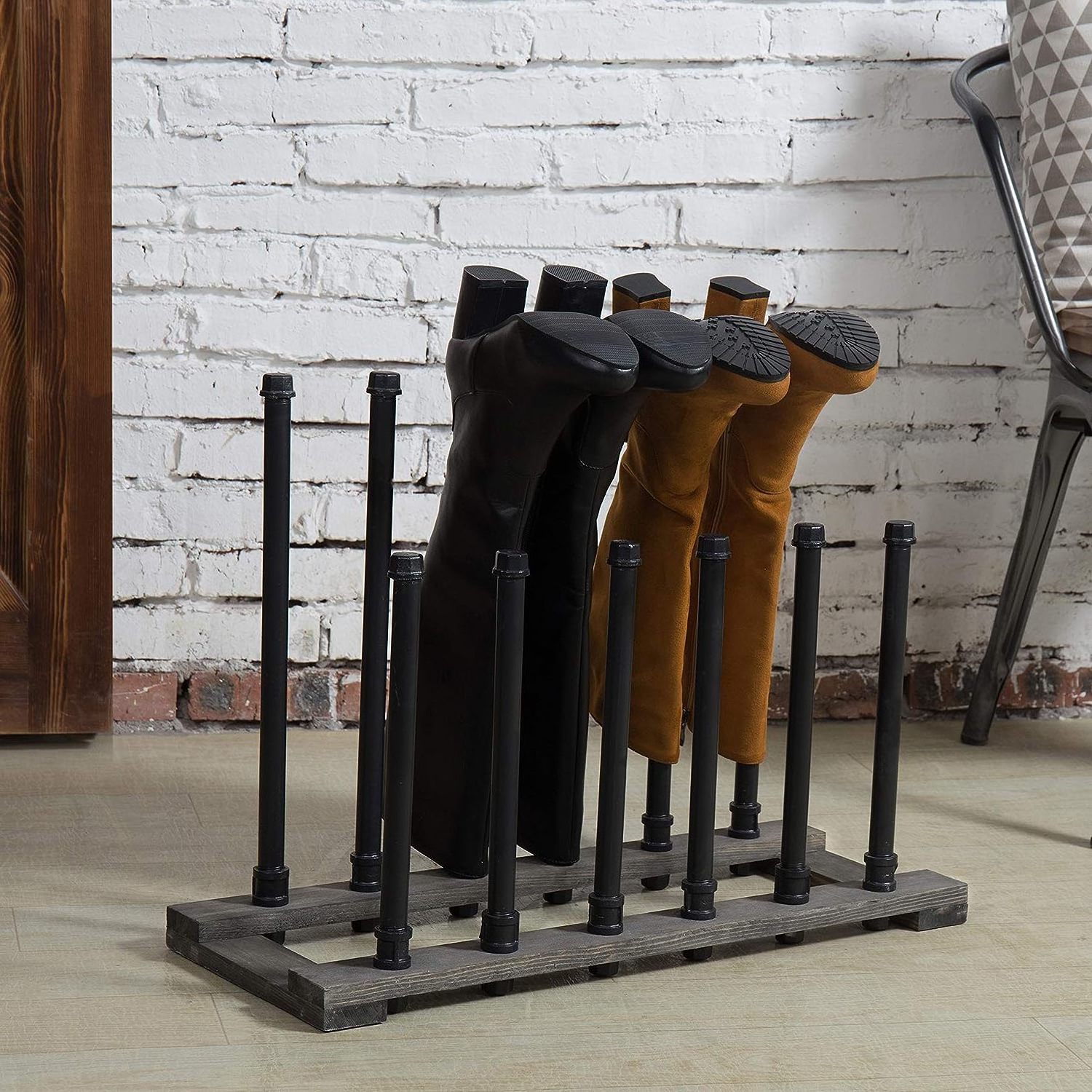 Industrial Black Metal Pipe Free Standing Boot Rack Stand with Rustic Gray Wood Base Entryway Boot Rack Organizer Tall Boots