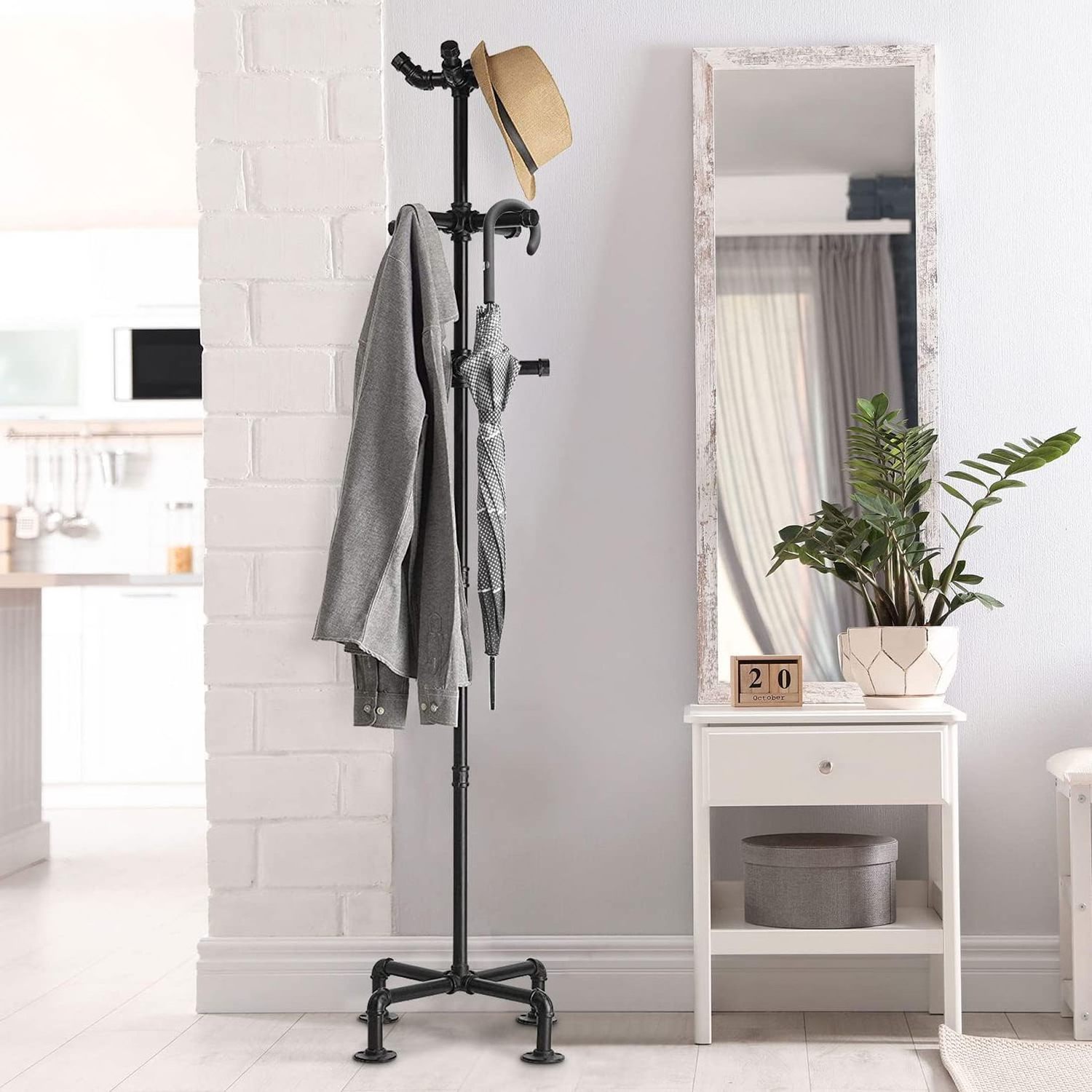 64 Inch Industrial Black Metal Freestanding Coat Rack with 2 Hooks Entryway Organizer for Hanging Coats Hat Handbags Scarves