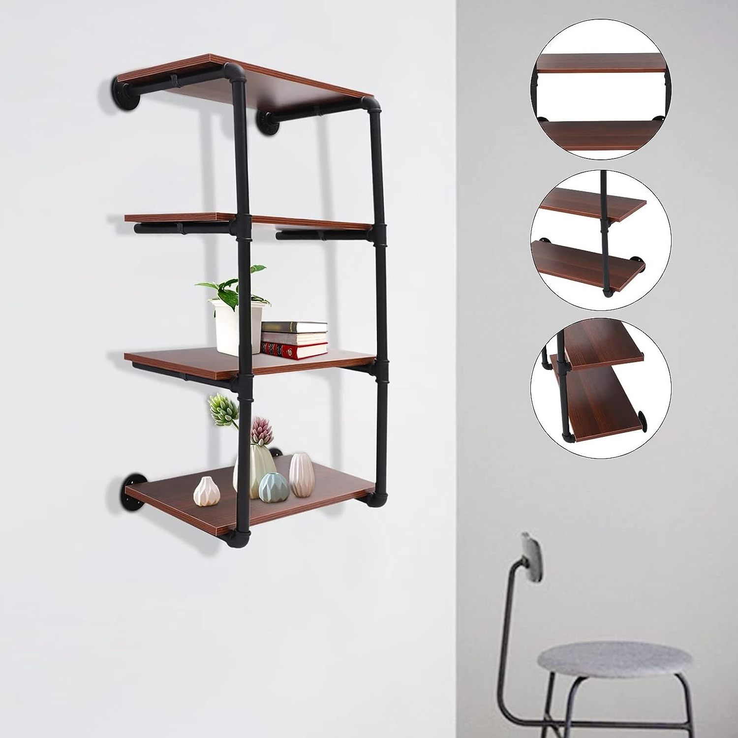 Wall Mounted Rustic Industrial Pipe Hanging Boards Shelving for Wall Decor Metal Wood Bookshelf Unit for Living Room