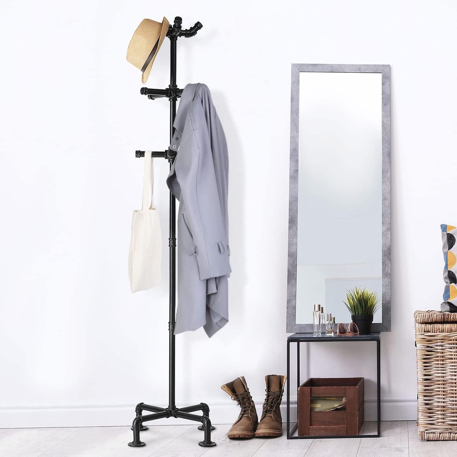 64 Inch Industrial Black Metal Freestanding Coat Rack with 2 Hooks Entryway Organizer for Hanging Coats Hat Handbags Scarves