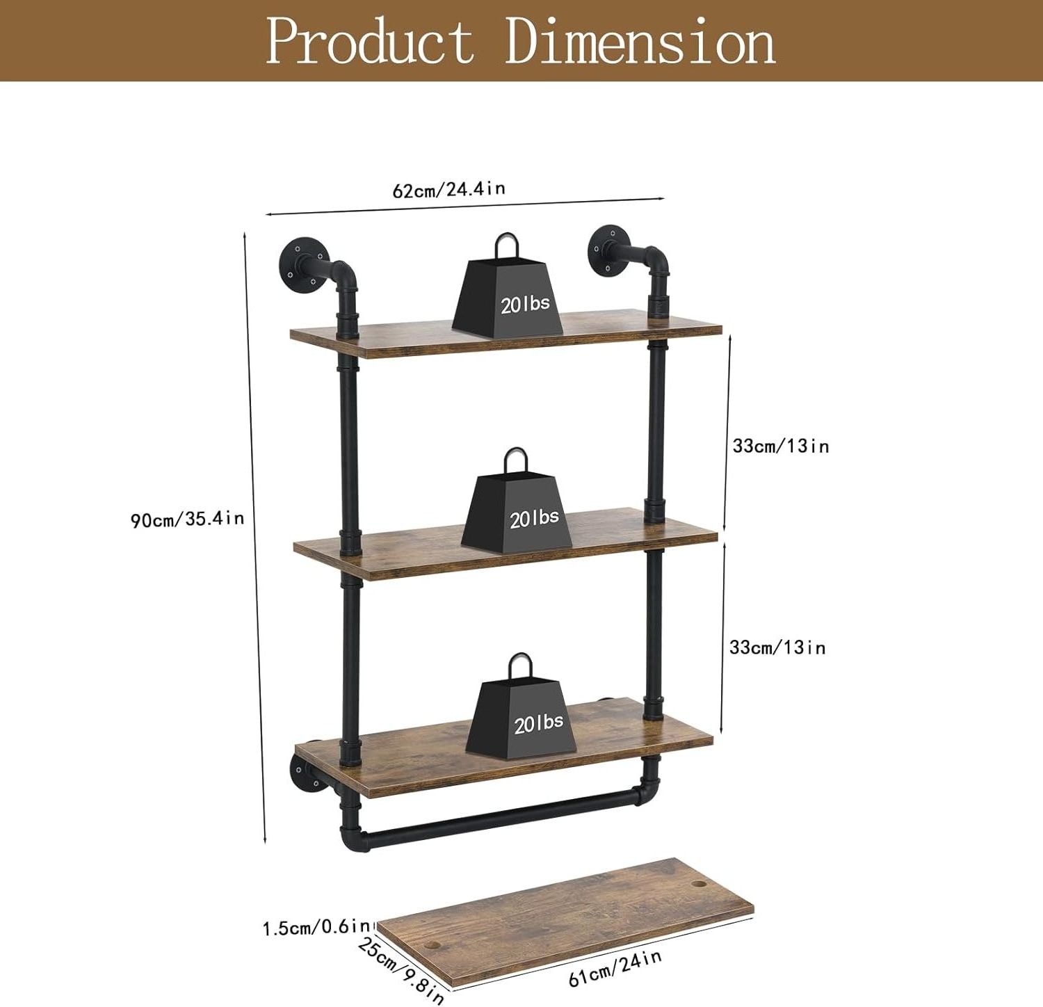 Industrial Pipe Shelving Bathroom Shelf with Towel Bar  3 Tier 24 Inch Floating Shelves for Kitchen   Bedroom  Living Room