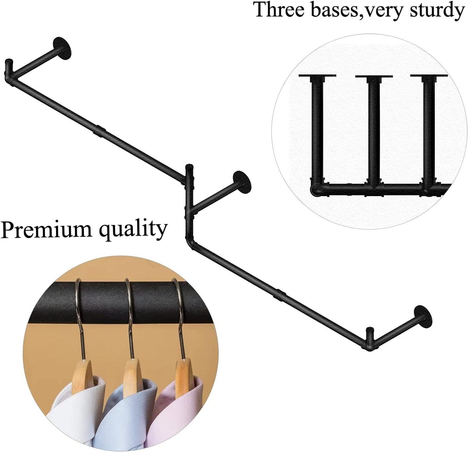 Wall Mounted Garment Clothing Bar, Closet Storage Rack, Heavy Duty Black Steel Iron Rack for Laundry Room