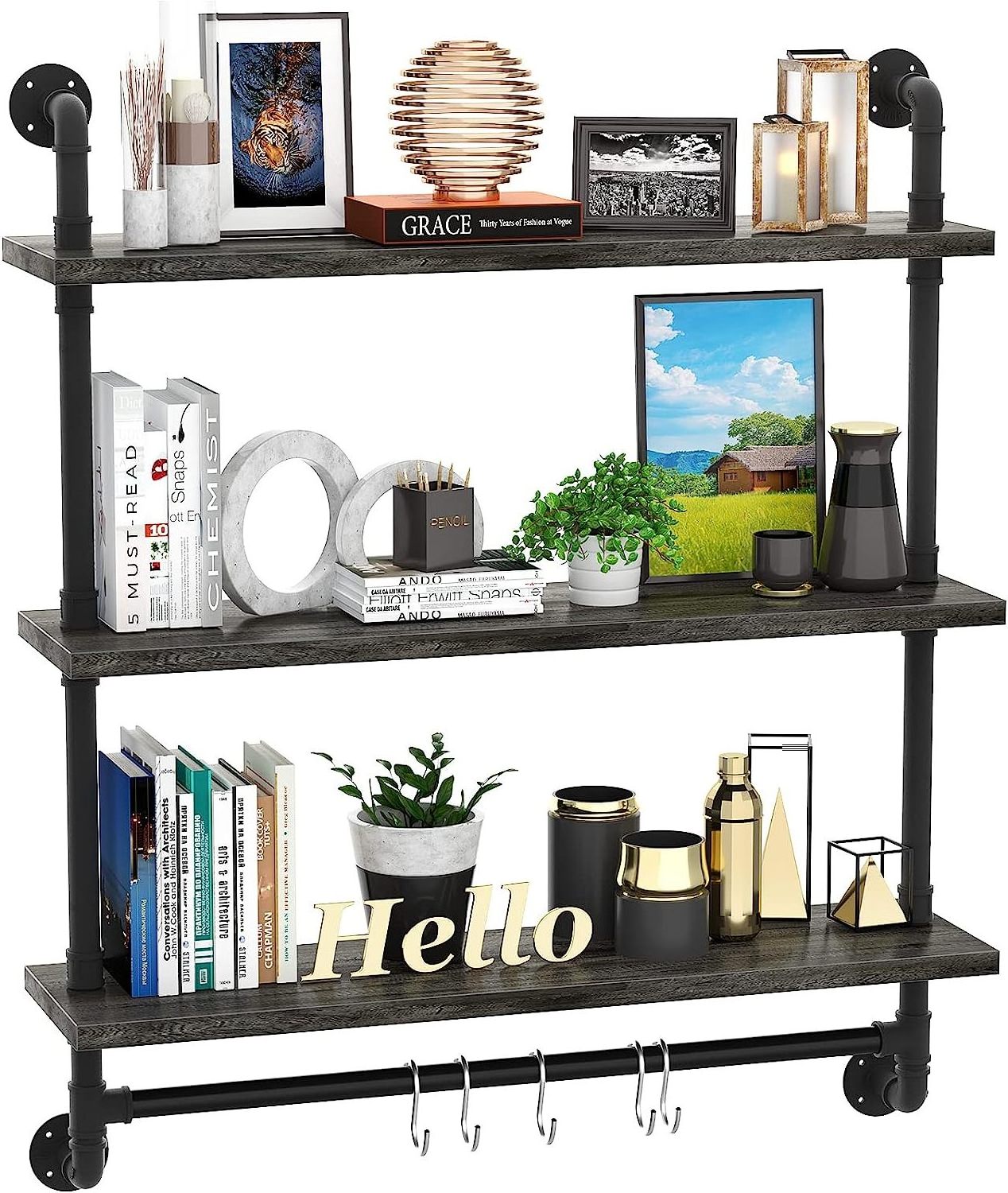 3 Tier Industrial Pipe Shelving Iron Pipe Shelves with Towel Bar Wood Bathroom Shelves with Hooks for Bedroom  Living Room