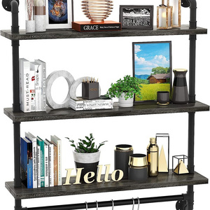 3 Tier Industrial Pipe Shelving Iron Pipe Shelves with Towel Bar Wood Bathroom Shelves with Hooks for Bedroom  Living Room