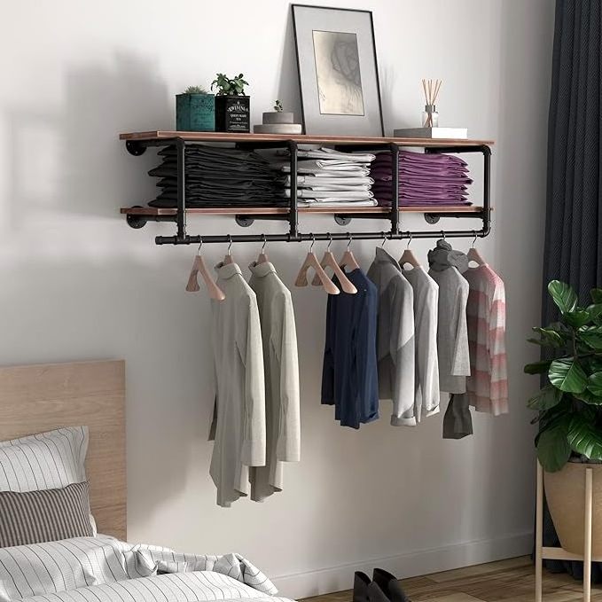 Industrial Pipe Clothing Rack with Top Shelf, Space-Saving Wall Mounted Clothes Rack Shelf with Hanging Rod for Laundry Room