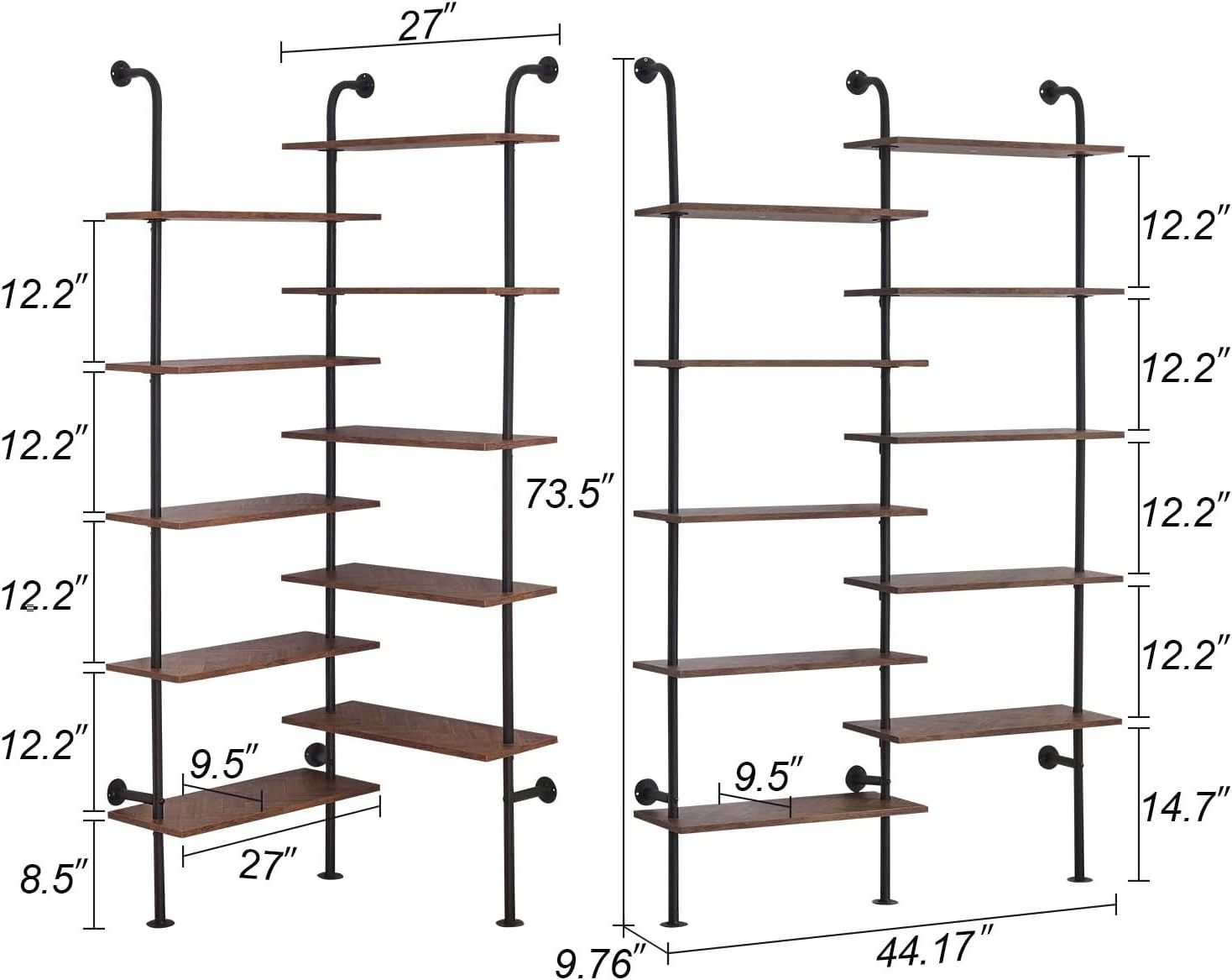 Bookshelf,10-Tier L Shaped, Industrial Wall Mount, Modern Bookcase with Metal Frame and Wood, Industrial Corner Pipe Shelf