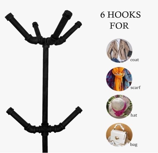 Industrial Metal Pipe Coat Rack Stand Freestanding with 6 Hooks Heavy Duty Sturdy Coat Racks for Entryway Hallway Bedroom