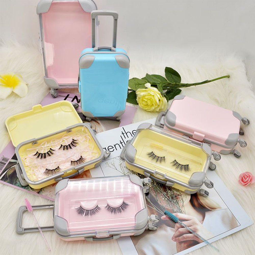 Dramatic 20mm Winged Faux Mink Eyelashes Vendor Mini Suitcase Packaging Box Russian Strip Lashes Private Label Plastic Material