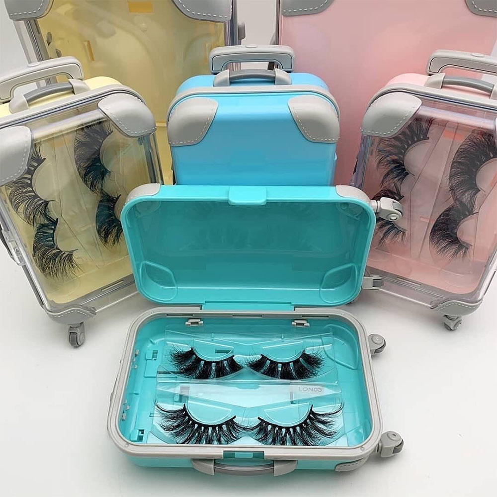 Dramatic 20mm Winged Faux Mink Eyelashes Vendor Mini Suitcase Packaging Box Russian Strip Lashes Private Label Plastic Material