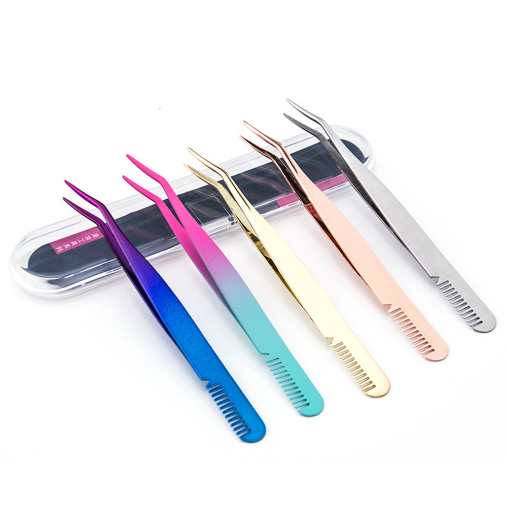 Customized Logo Eyelash Tweezers Colorful Rounded Pink Rose Gold Steel Eye Lash Tweezers with Volume Tip Private Label Bulk