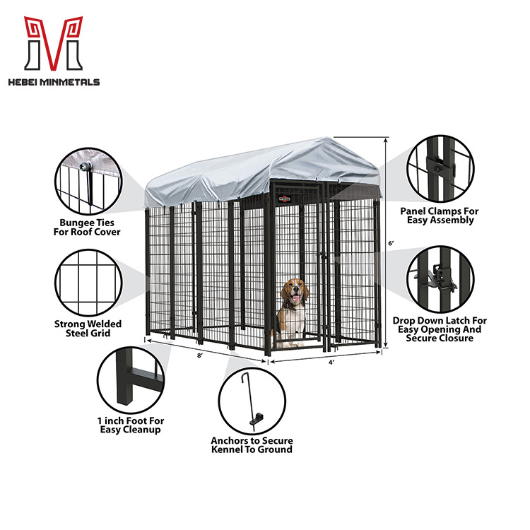 Commercial Outdoor Large Black Metal Crate Pet Enclosure Large Dog House Run Kennel Pet Cage With Roof