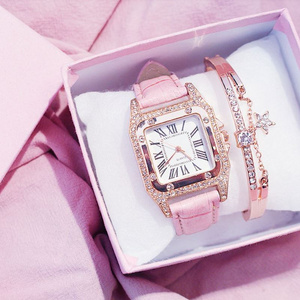 Hot Sale Women Ladies Fashion Leather Strap Square Diamond Quartz Wrist Bracelet Watches Gift Set