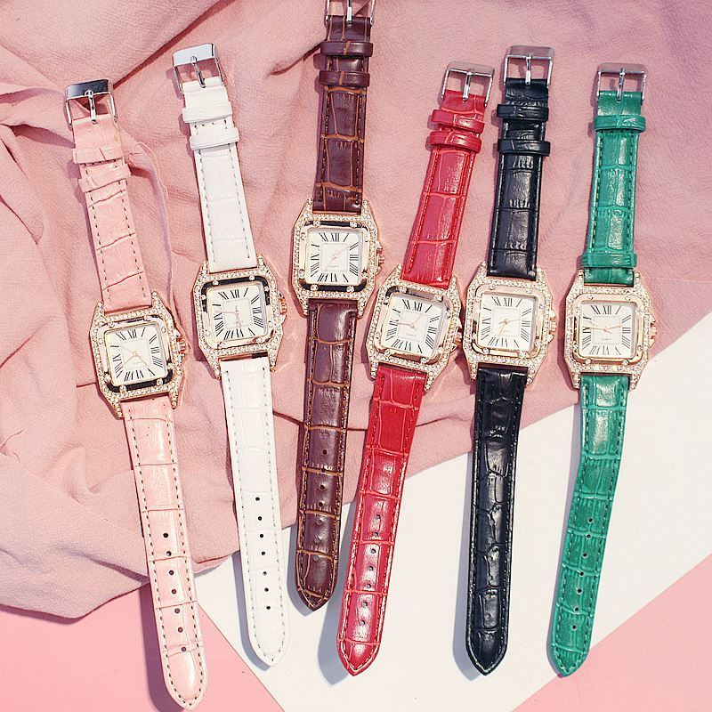 Hot Sale Women Ladies Fashion Leather Strap Square Diamond Quartz Wrist Bracelet Watches Gift Set