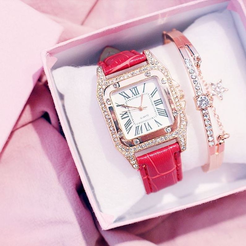 Hot Sale Women Ladies Fashion Leather Strap Square Diamond Quartz Wrist Bracelet Watches Gift Set