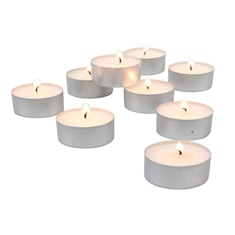 Unscented paraffin wax white tea light candles with 4 hour extended burn time