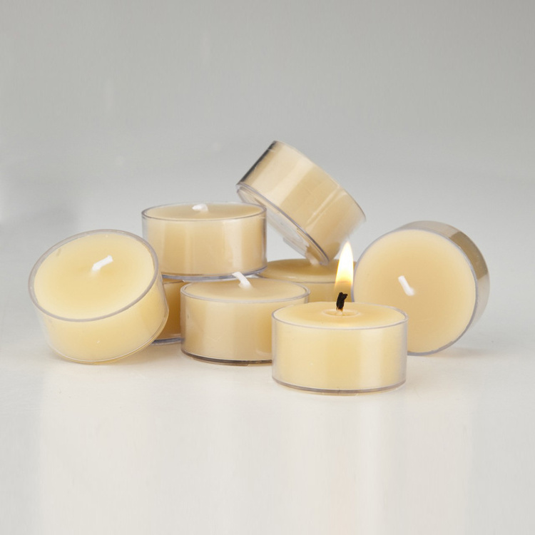 round small mini tea light or t-lite candles with natural scented and clear cup