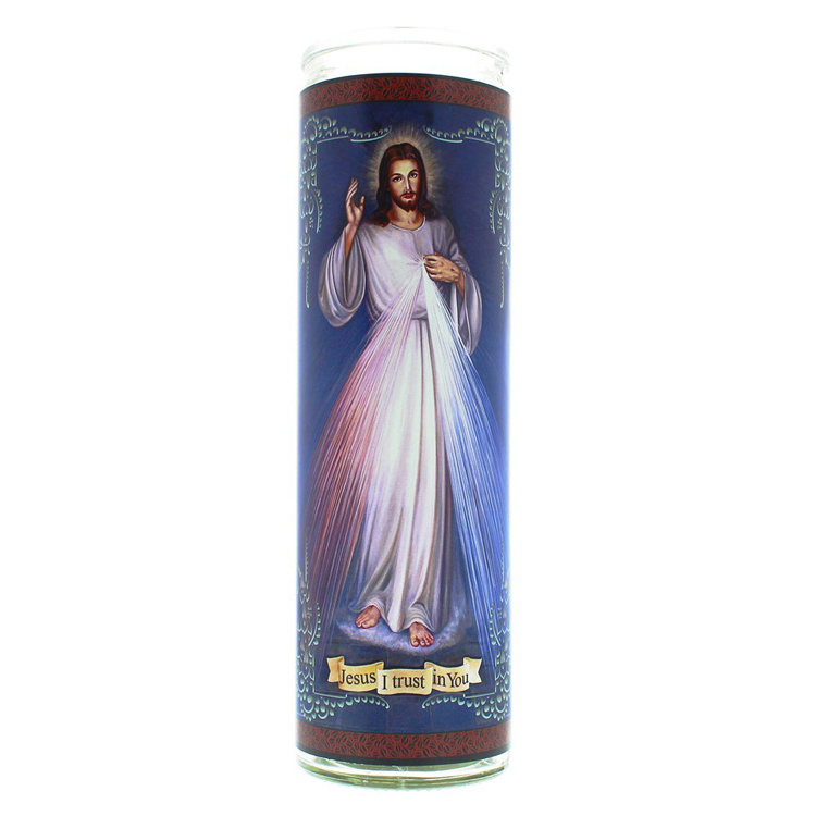 1-7 day burning time paraffin wax filled Christian Religious Candle with glass jar candle holder