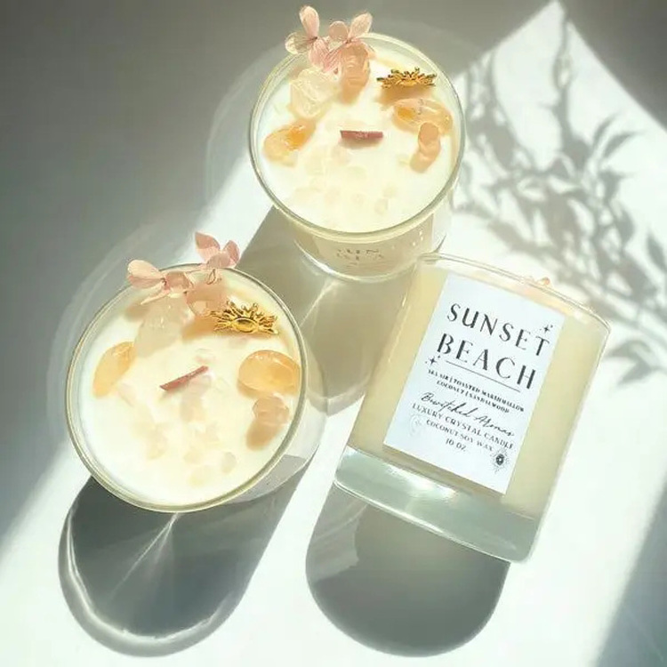 Custom luxury private label soy wax crystal infused gem candle magical scented candle with dry flowers