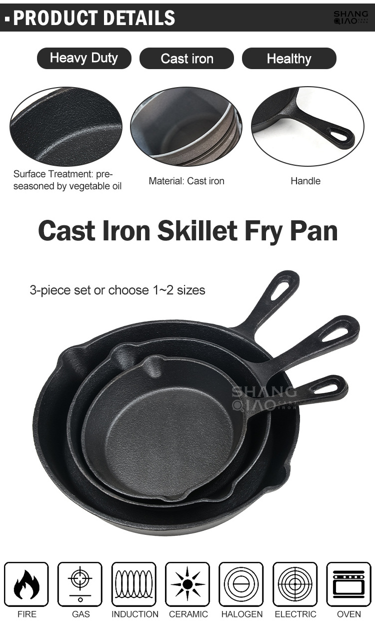 3 Pieces Cast Iron Frying Pans Pre Seasoned  Cast Iron Pan Cookware Cast Iron Skillet Set