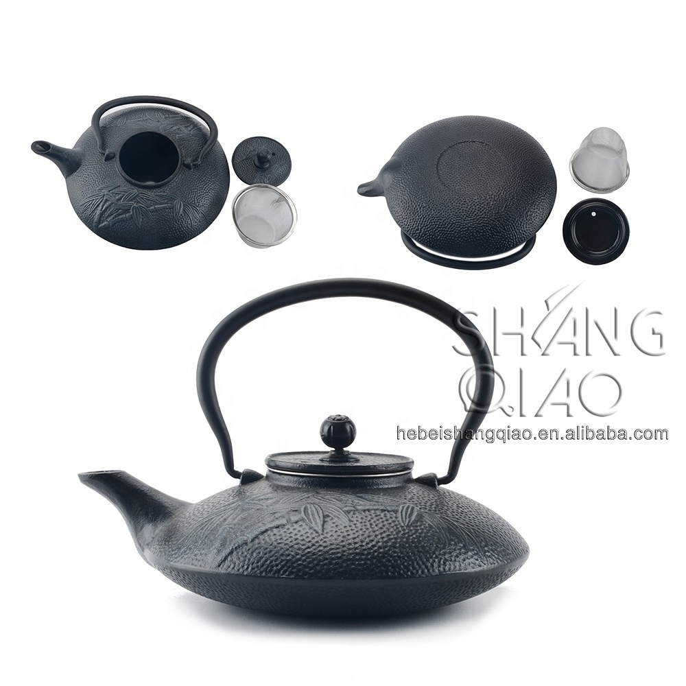 Durable 0.8L Enameled Cast Iron Teapot Stainless Steel Infuser Bamboo Tea Kettle