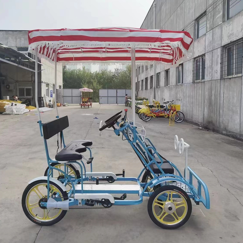 High quality steel frame pedal assisted 4-wheels 2 person seater Tandem surrey bike quadricycle for sightseeing Family Leisure